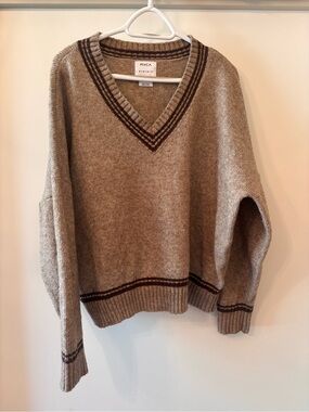 RVCA Women's Beige V-Neck Sweater with Brown Contrast Trim